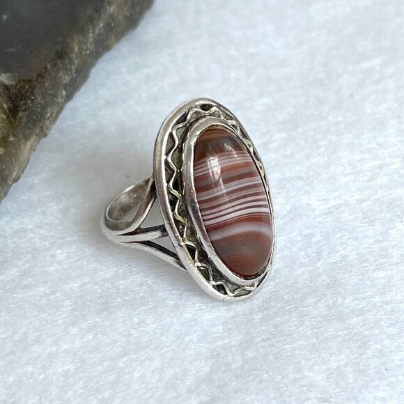 VTG Sterling Silver 925 Oval Bezel Set Banded Agate Double Split Shank Ring Sz 6 - Picture 11 of 16